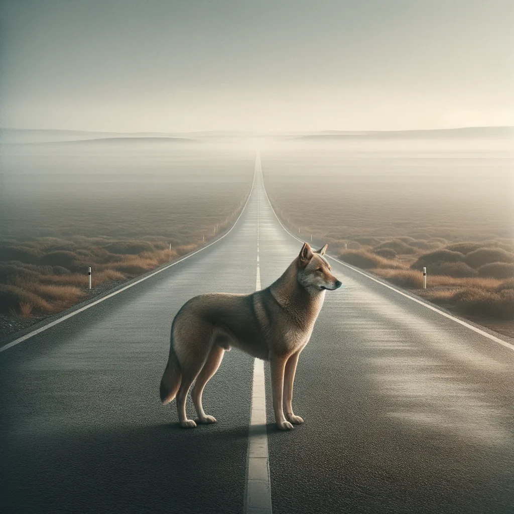 “A lonely, unidentifiable dog in a tranquil, vast landscape, standing on a road that stretches into the horizon. The dog looks thoughtful, perhaps lost, with a gentle yet determined expression. Its fur is a mix of shades of brown and grey, with no distinct breed. The environment is calm, with soft light, and a sense of solitude pervades. The scene evokes themes of self-discovery and longing. In the distance, the road vanishes into the mist, symbolizing an uncertain future. The illustration should be in a minimalist, slightly faded style, with soft colors, creating a melancholic yet hopeful mood. The image should be in a PNG format, with transparent background.”