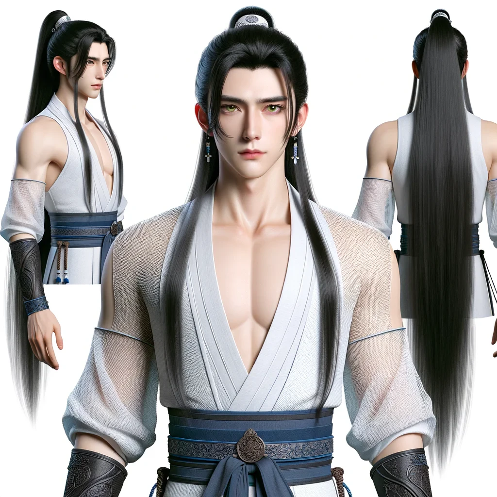 A young man in his twenties, with long black hair tied in a ponytail, with loose strands falling over his face. His skin is Asian in tone, with a serious expression, with green eyes. He is of slim build and wears a traditional white Chinese outfit with dark blue details including wristbands and a belt, chinese shoes. A character is shown from head to thighs, in a half-body shot. The focus is on the upper body and midsection, with the legs partially visible. The character is standing in a neutral pose, with the torso and arms clearly showing. The character is in a neutral stance, with the torso and arms clearly showing.