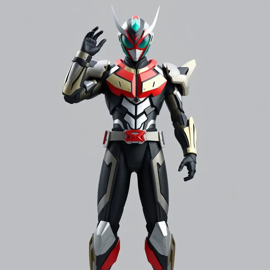 A full body, head to toe, 4K realistic quality render of a Kamen Rider hero costume. The design should be a sophisticated fusion of heroic aesthetics and intricate robotic elements, presenting a sharp, complex, and visually engaging silhouette. Symmetrical proportions. The primary armor and helmet should prominently feature two distinct colors, complemented by a single color for the inner suit and a single accent color for highlighting key details. The background should be a neutral gray, ensuring the costume is the sole focus.   No text. No blur. No bad details. No bored. No defects. No weird. No waist belt. No mechanical. No flat.