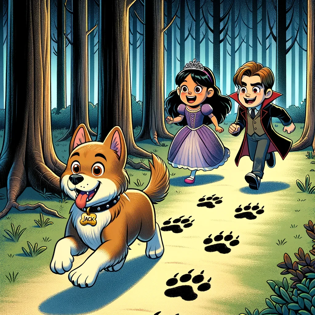 Haz un dibujo en donde se vea a Jack, el perro, corriendo hacia el bosque, con Mariana que está disfrazada de princesa y Esteban disfrazado de vampiro siguiéndolo. En el suelo se ven huellas grandes, y alrededor hay árboles oscuros y altos. (haz el dibujo en estilo caricatura, ya que es para un cuento infantil)
