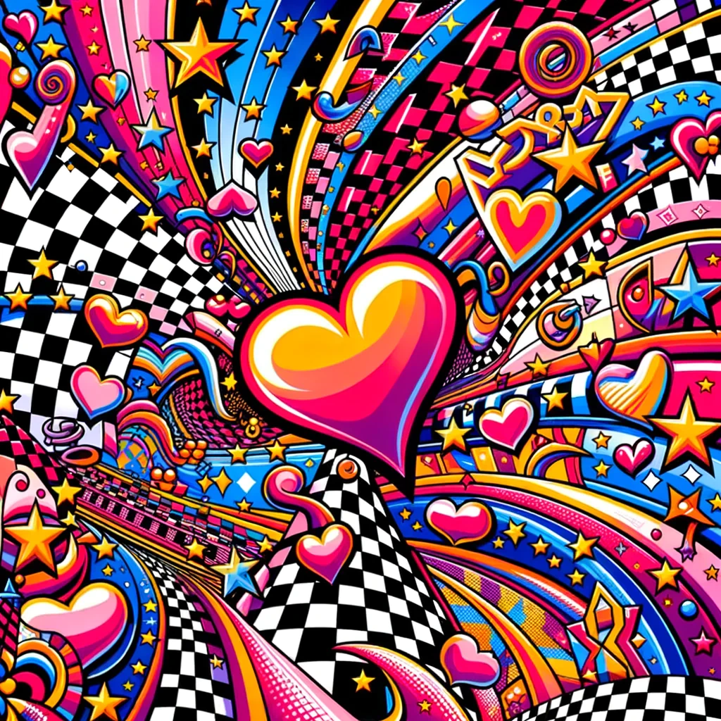Create a y2k inspired background, youthful and vibrant, filled with heart, star, and other pattern. Checkered pattern.