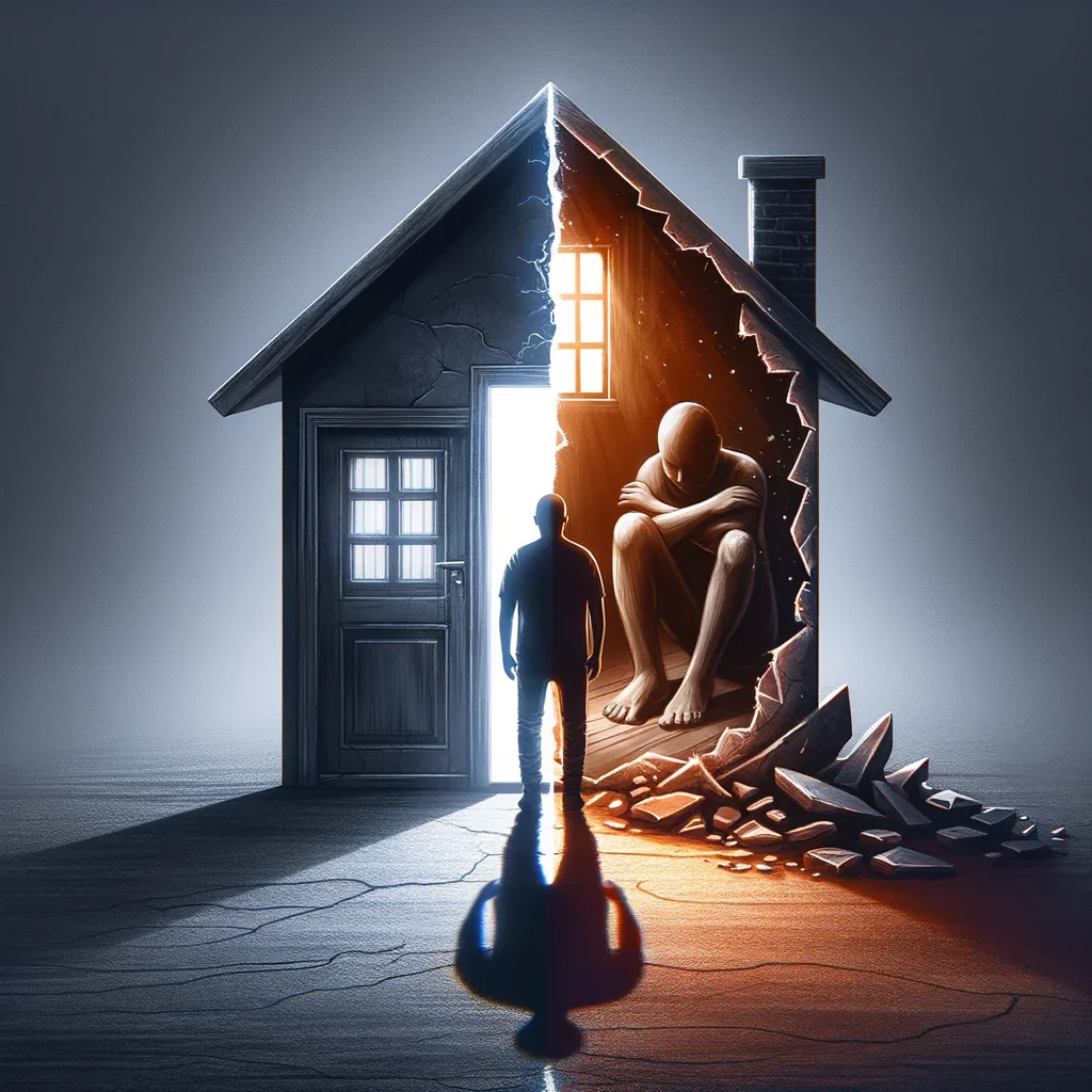 A person on the threshold of a broken hair. Metade do reflection shows a serene expression, while the other metade is styled, representing adversities. Contrasting lighting, with deep shadows, does not highlight the concept of internal reflections against external events.