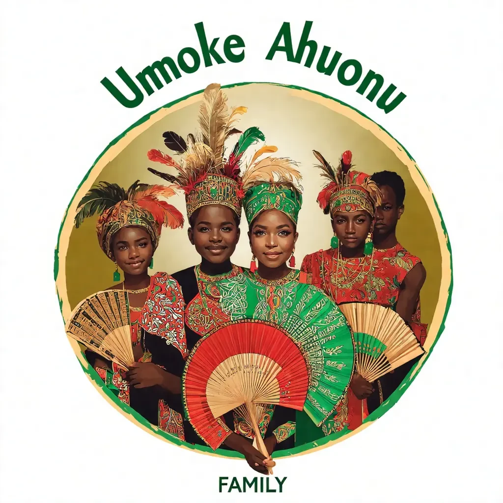 Design a circular logo featuring a Nigerian family dressed in traditional attire, reflecting the cultural richness of Nigeria. The Father and Mother are in the center, holding traditional rafta fans and adorned with elegant headgear featuring feathers. Their 4 sons and 3 daughters are around them, dressed in traditional Nigerian attire that highlights the cultural diversity of the country. The top of the logo reads "UMUOKE AHUONU FAMILY" in a bold, elegant font, and the bottom reads "MERRY CHRISTMAS" in a festive, celebratory font. The logo should be rounded, symbolizing unity and togetherness, with vibrant colors that capture the essence of Nigerian culture. The overall design should be visually appealing, culturally accurate, and convey the warmth and unity of the UMUOKE AHUONU family.
