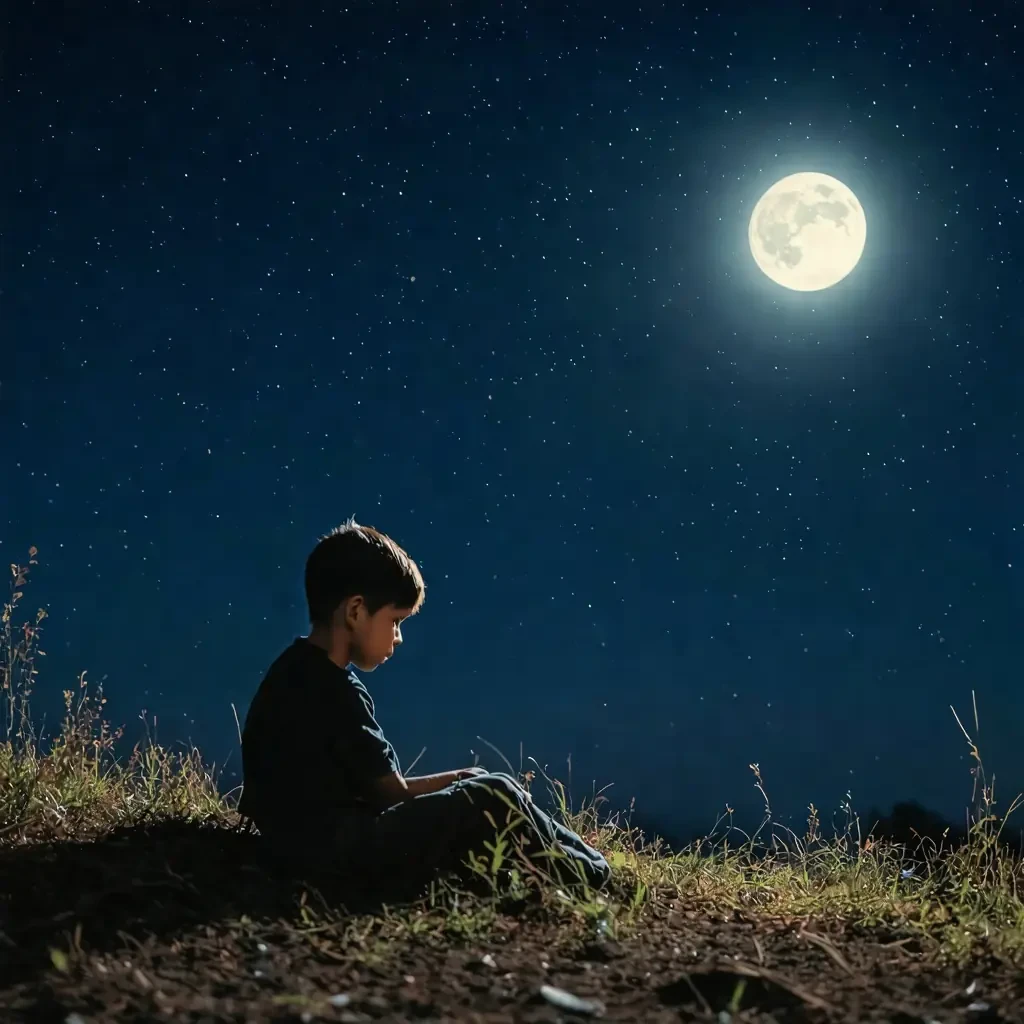 a boy sitting in a moonlight in night