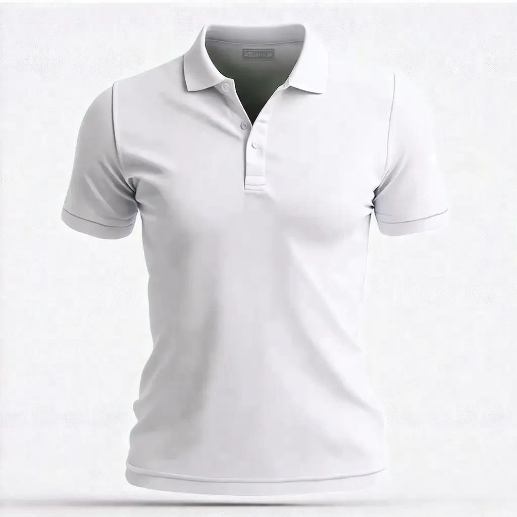 A customized polo shirt with a modern and professional design. The shirt is white, ideal for employee uniforms, and must be realistic and presented in 3D.