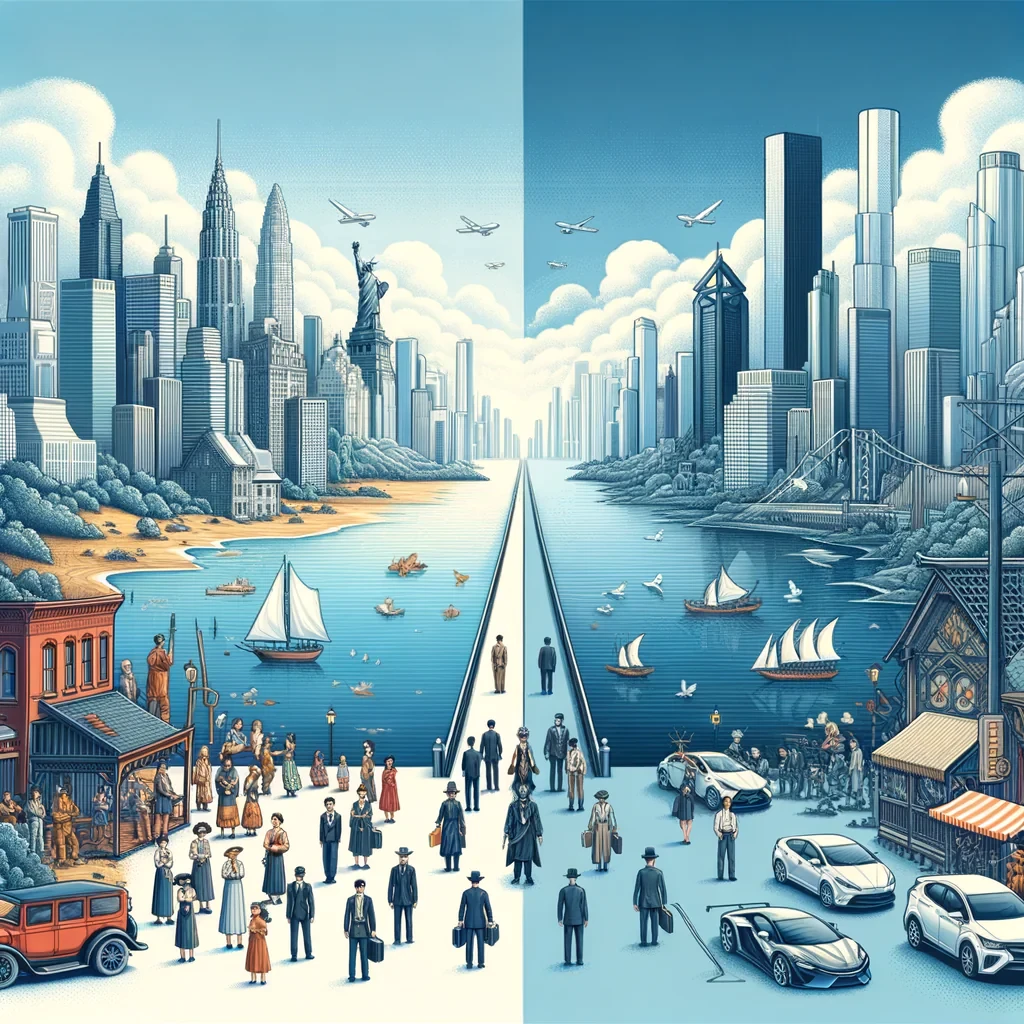 Actúa cómo un diseñador gráfico y realiza una imagen ilustrativa donde se imagine un puente que conecta dos océanos y al mismo tiempo divide la historia de un país antes y después.