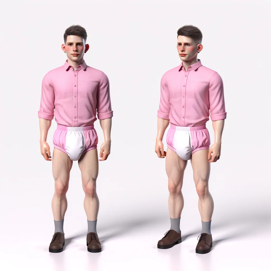 A short girly guy, wearing only a pink diaper. Realistic image