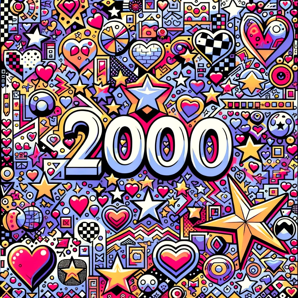 Create a y2k inspired background, youthful and vibrant, filled with heart, star, and other pattern. Checkered pattern.