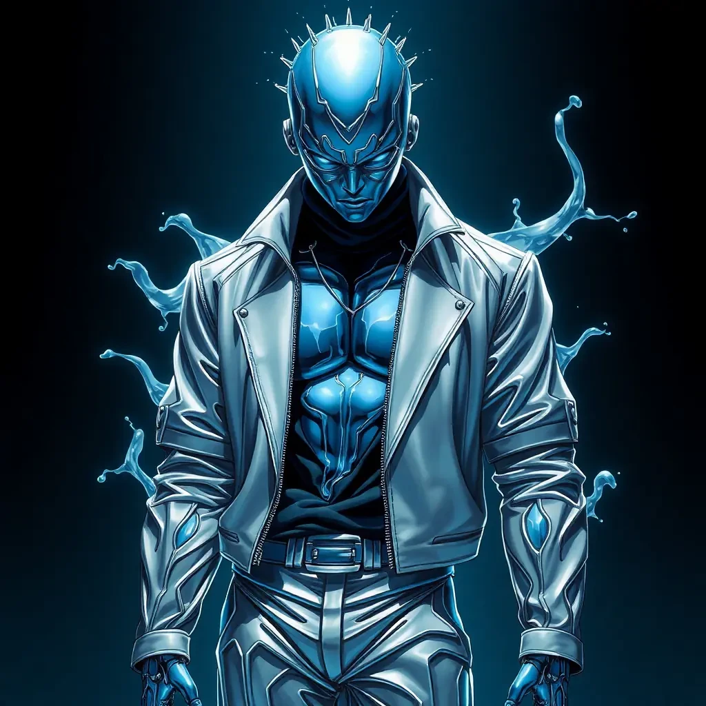 A kazuma kaneko style of character that has liquid metal as his skin and some parts of the body in modern clothing, full body picture..