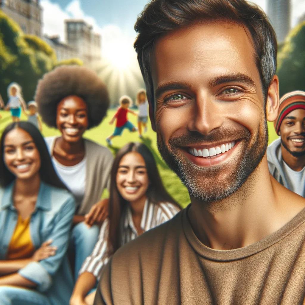Image of a smiling man or woman, surrounded by several people who look happy and interested. The background can be a warm atmosphere such as a park or a busy cafe, showcasing social interaction.