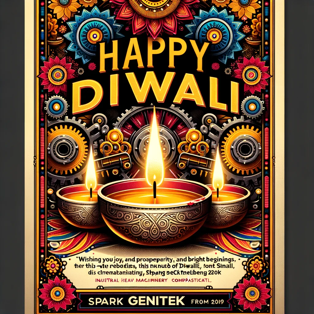 "Create a festive Happy Diwali poster for Spark Engitech, an industrial heavy machinery company. The poster should have a warm, celebratory theme with traditional Diwali elements like diyas, rangoli, and vibrant colors (such as gold, deep red, and royal blue). Include a message wishing 'Happy Diwali' with a line like 'Wishing you joy, prosperity, and bright beginnings this Diwali from Spark Engitech.' Make the design modern and professional, subtly reflecting the industrial aspect of Spark Engitech with sleek lines or subtle gear motifs in the background."