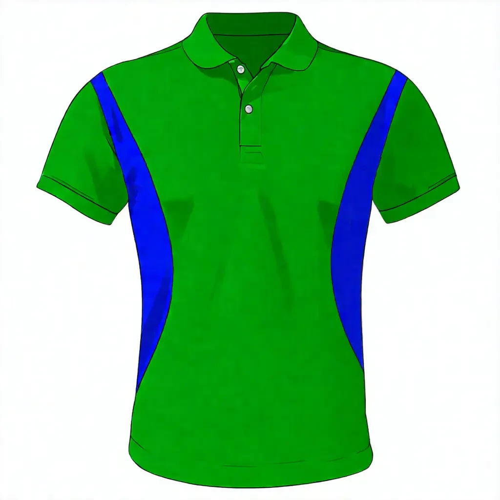 A customized polo shirt for an agribusiness company, featuring a modern and professional design. The shirt has green and blue colors, perfect for employee uniforms.