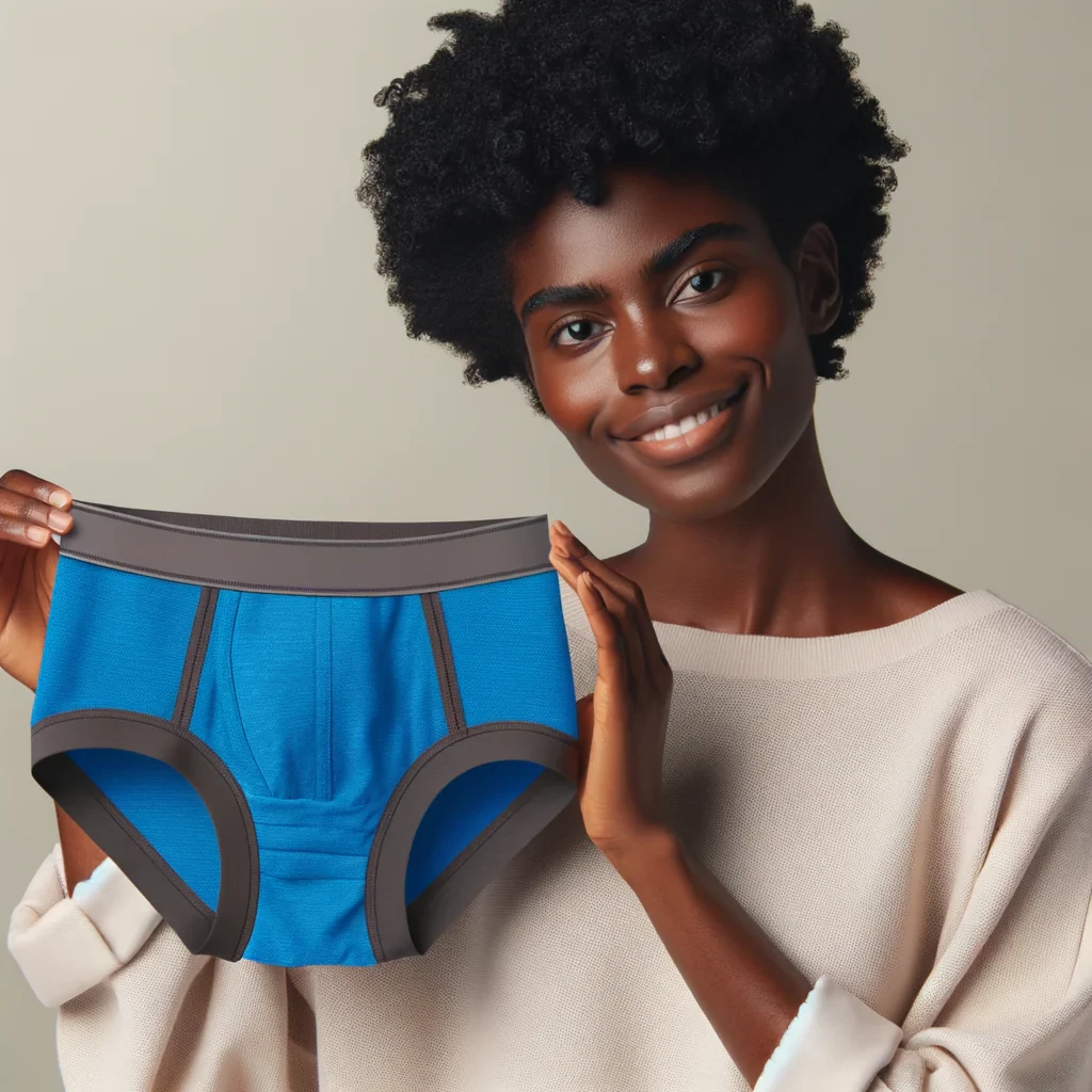 A picture of a model holding  a blue male undeerwear for my clothing brand