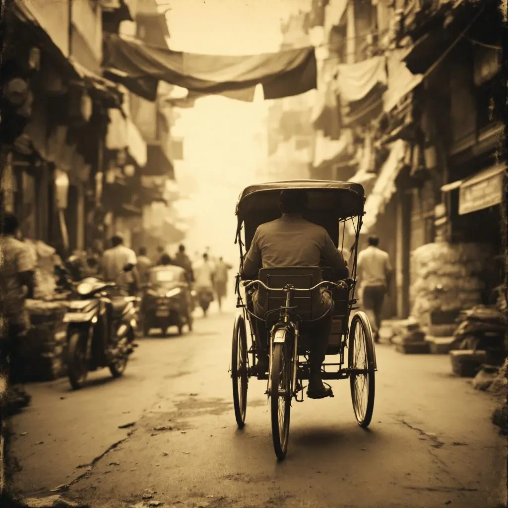 Generate a vintage image of a cycle rickshaw weaving through the bustling lanes of Old Delhi. Use warm sepia hues, soft focus, and gritty texture to showcase market scenes, hanging fabrics, and curious pedestrians. Include motion blur to suggest dynamic action.