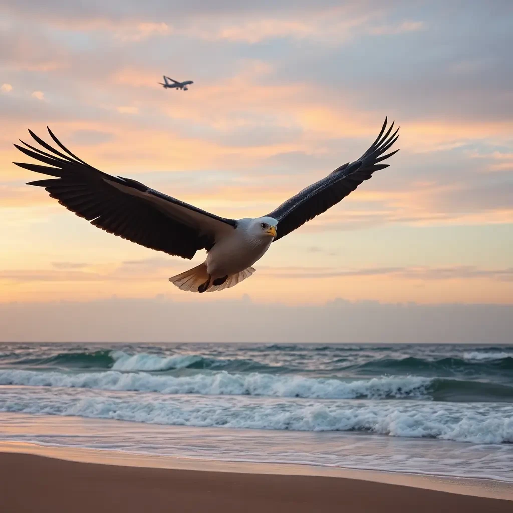 Un pelícano enorme volando tranquilamente sobre una playa costera al atardecer, con las alas completamente extendidas y plumas detalladas moviéndose con el viento. El pelícano mantiene una expresión serena y despreocupada, como si no estuviera consciente del peligro. Detrás de él, en el cielo, un misil moderno de alta velocidad se dirige directamente hacia el pelícano, dejando una larga estela de humo densa, turbulenta y brillante. La escena debe transmitir un contraste entre el caos y la calma absoluta del ave.  La playa tiene olas realistas rompiendo en la orilla, arena húmeda reflejando la luz del atardecer, gotas de agua suspendidas en el aire y gaviotas pequeñas a lo lejos. Agregar efectos cinematográficos: partículas flotando, ligera distorsión por el calor alrededor del misil, motion blur en la estela y sensación de velocidad extrema. Iluminación dramática con rayos de sol atravesando nubes parcialmente oscuras, reflejos realistas en las plumas del pelícano y sombras naturales. Nivel de detalle extremadamente alto, hiperrealista, estilo fotografía profesional, lente teleobjetivo, profundidad de campo, calidad 8K, ultra detallado, texturas realistas, ambiente épico cinematográfico.