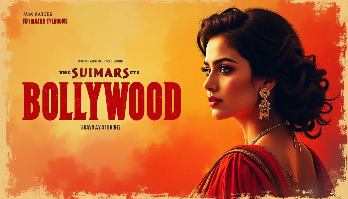 enerate a vintage Bollywood poster inspired by 1970s India, with a glamorous heroine, dramatic title in bold retro typography, and stylized brushes of color that hint at cinematic drama. Use warm reds, oranges, and textured brush strokes to mimic traditional poster art.