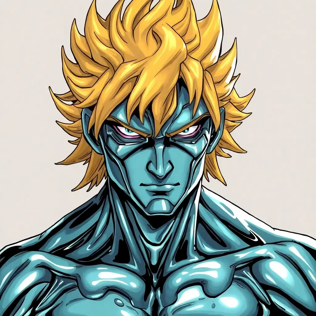 A manga style of character that has liquid metal as his skin.