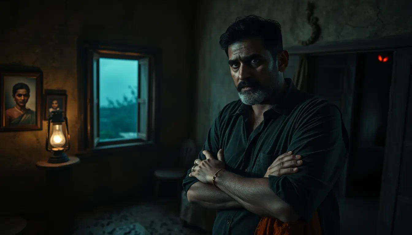 A deeply disturbed Telugu man standing frozen with shock, inside an old haunted ancestral house in rural Andhra Pradesh after hearing terrifying supernatural truths about his dead mother becoming a crow demon spirit, dim flickering oil lantern casting moving shadows across cracked mold-covered walls, fear and disbelief slowly growing on his face, sweat on forehead, trembling hands, emotionally shattered expression, his terrified young wife clutching his arm tightly beside him with tear-filled eyes, background filled with eerie old family portraits staring unnaturally, faint black crow feathers scattered across the floor, cursed southern window slightly open with cold supernatural wind entering, curtains moving unnaturally, distant glowing red eyes barely visible in darkness outside the window, heavy psychological horror atmosphere, Telugu folk horror aesthetic, cinematic composition, ultra realistic, volumetric lighting, dark shadows, ominous tension, detailed haunted Indian house interior, horror movie still, 8k ultra detail, unsettling supernatural realism