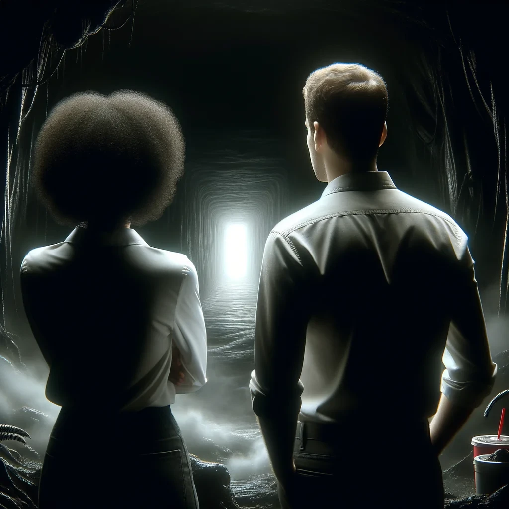 dos personas de espalda mirando un lugar oscuro