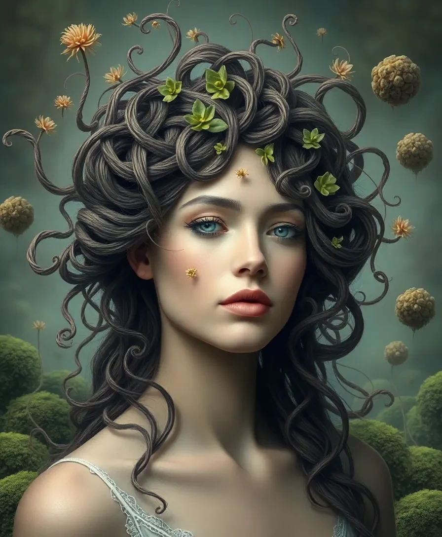 Create a surreal portrait of a woman whose hair is formed from swirling vines, set within a dreamlike landscape filled with floating plants and lush, otherworldly moss. The vines curl and move around her head to evoke a metaphysical atmosphere of wonder and mystery.