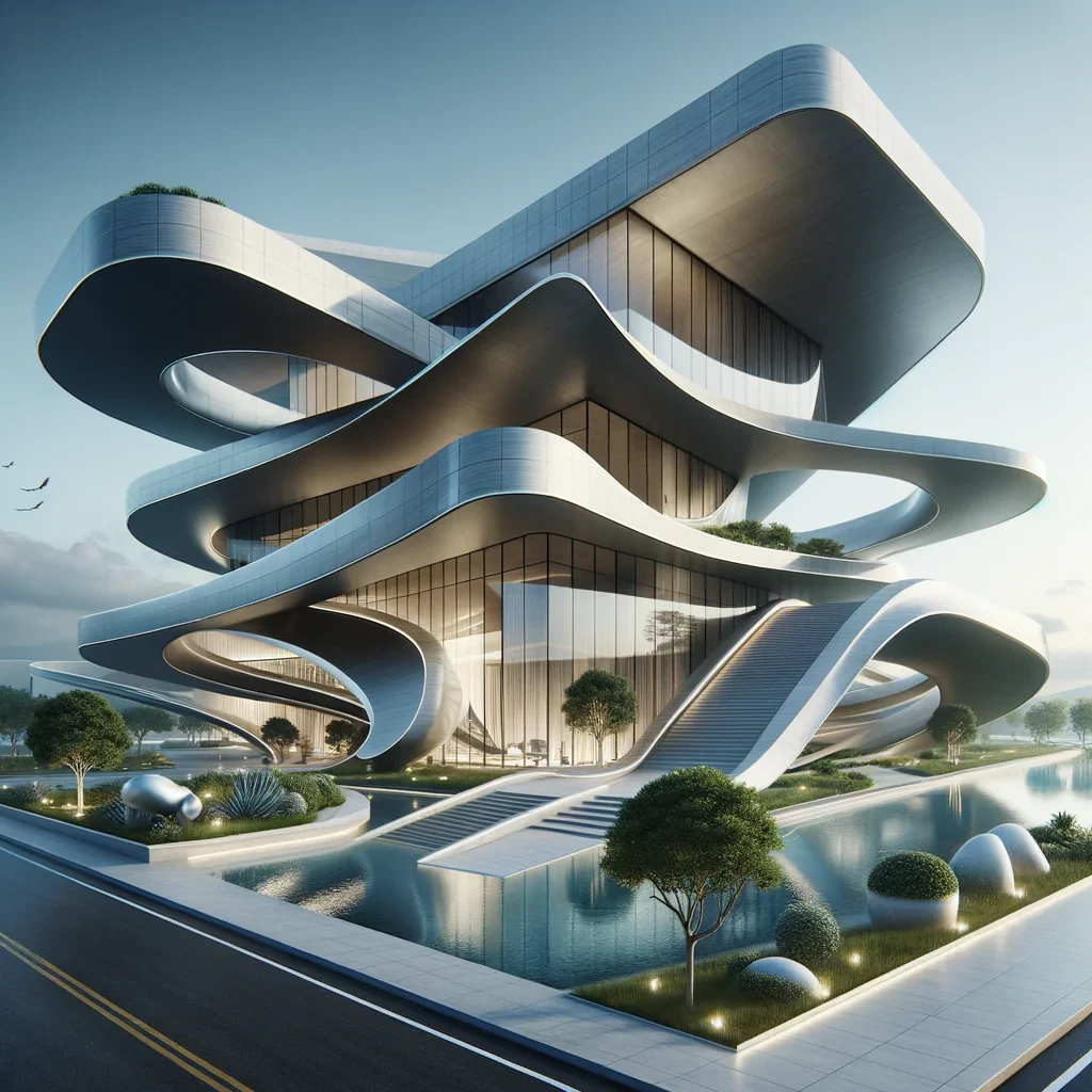 Create a sleek, modern architectural exterior that resembles a sculptural form, defined by smooth, curving edges and organic shapes.