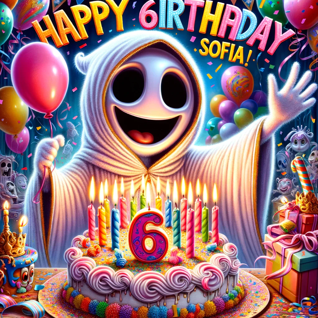 Colorful birthday card illustration for a 6-year-old girl named Sofia.  Cute and friendly Spider-Ghost superhero character (white ghost-style spider hero with hood) celebrating a birthday, smiling and waving.  Scene with many colorful balloons, a big birthday cake with candles showing number 6, confetti and party decorations.  The name "Sofia" written in big playful letters and the text "Happy 6th Birthday Sofia!".  Bright pastel colors, joyful kids party atmosphere, cartoon style, soft lighting, high detail, cute and festive greeting card design.