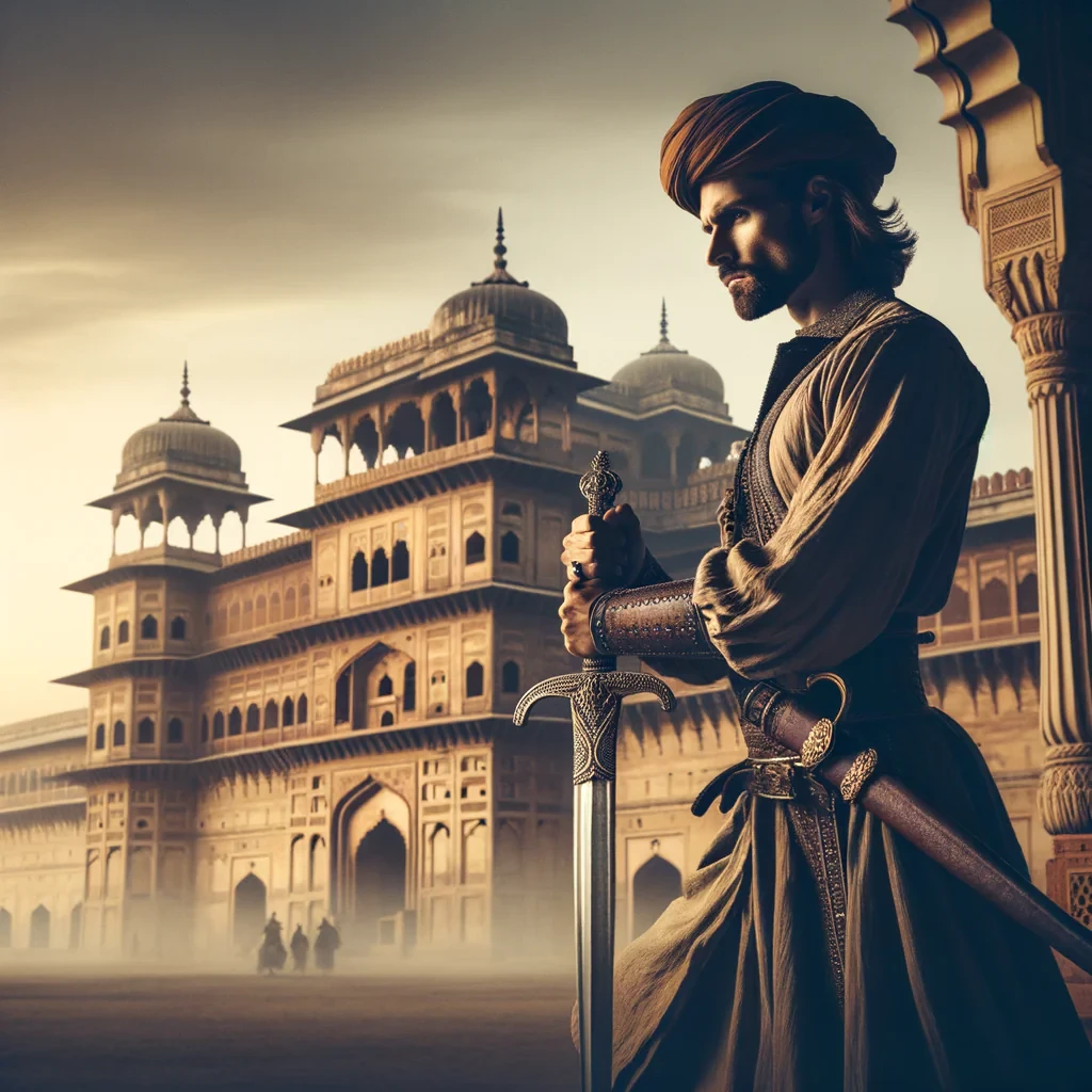 a rajput warrior king standing before his fort, its morning time, he is ready to go in war with his sword