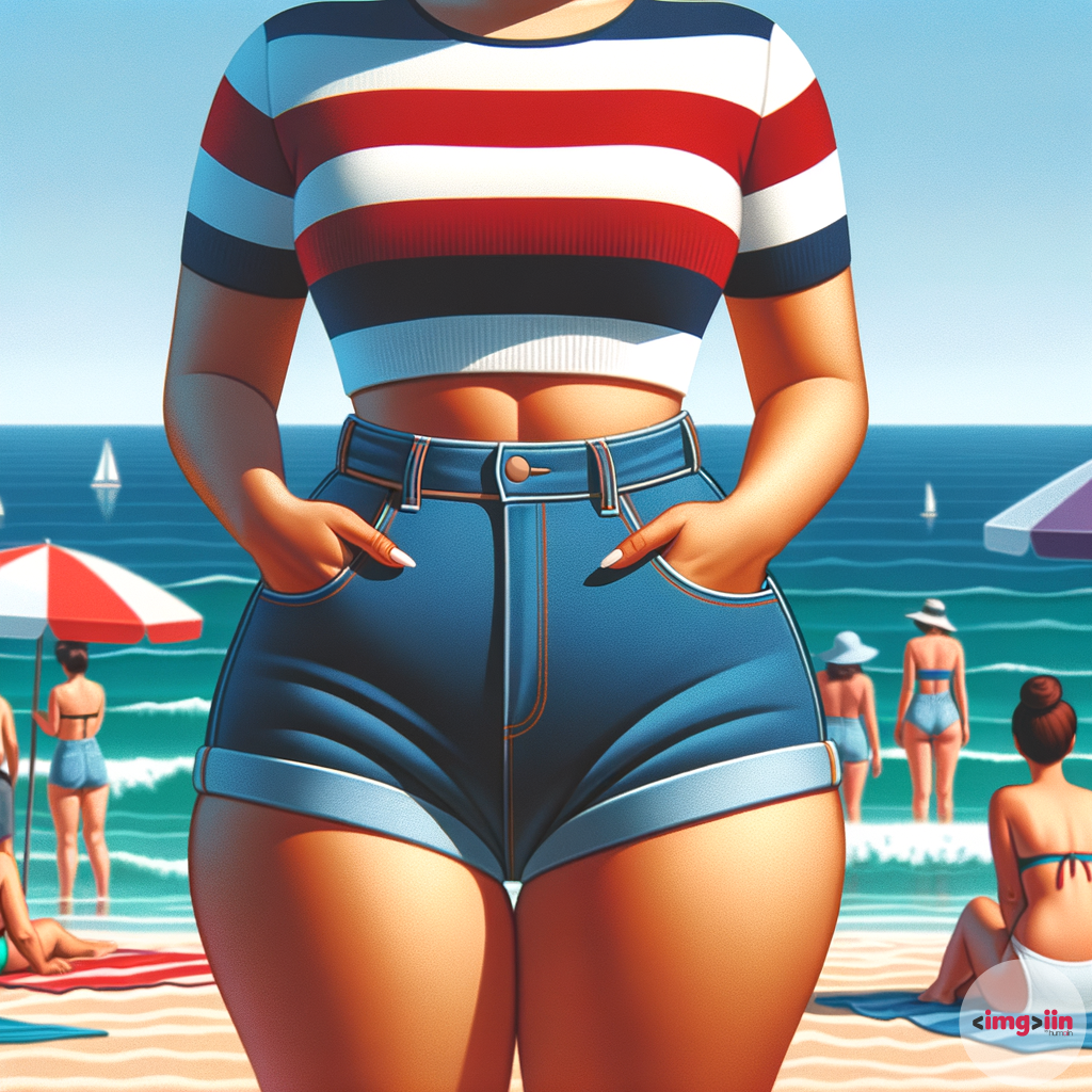image of Mari. This time, she's at the beach, clearly the center of attention. She's dressed in a crop top with horizontal stripes in white, red, and blue, paired with high-waisted denim shorts. Her exaggerated proportions are once again the focus, with an extremely voluptuous figure that defies typical anatomy