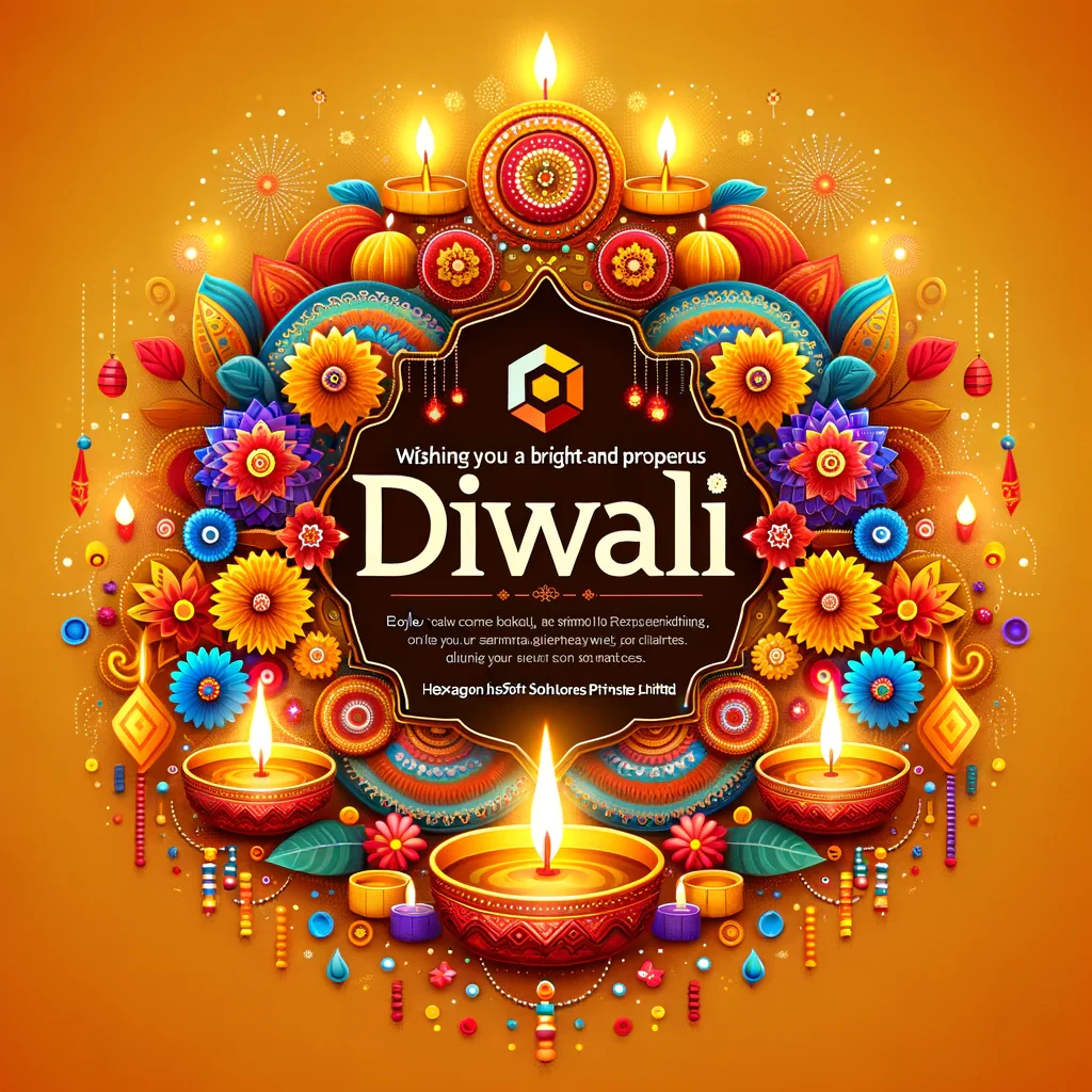Design a festive promotional image for an IT company to celebrate Diwali, incorporating the company's logo. The design should have a vibrant, celebratory feel, featuring traditional Diwali elements such as diyas (lamps), fireworks, rangoli, and festive lights.  Place the company logo prominently at the top or center, ensuring it stands out against the festive background. Use the company’s brand colors (or blend them subtly with traditional Diwali colors like gold, orange, yellow, and deep red). Add a greeting message like 'Wishing You a Bright and Prosperous Diwali from Hexagon Infosoft solutions private limited' in a modern, elegant font. Include a subtle call-to-action like 'Explore Our Services' or 'Connect with Us' at the bottom.  Ensure the image is suitable for online use (social media, email campaigns, and website banners) and the design feels professional yet festive, combining technology elements with the spirit of the Diwali celebration."  Elements to Include:  Festival: Diwali. Colors: Blend traditional festival colors with the company’s branding. Graphics: Lamps, fireworks, lights, and patterns. Text: A greeting, company name, and a simple call-to-action. Logo: Prominently placed to enhance brand recognition. Tone: Professional, festive, and engaging.