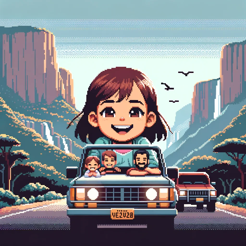 niña blanca con cabello marrón de 5 años, junto a sus joven papa y mama viajando en carretera por Venezuela en una camioneta pick up 4x4, tepuys cascadas de fondo