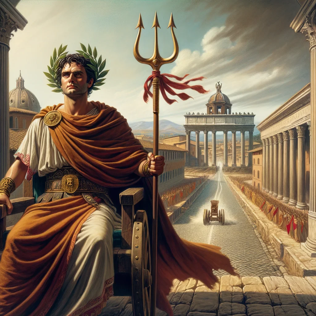 el emperador romano julio cesar de camino a roma para recuperar su trono que fue arrebatado por su amigo del tridente