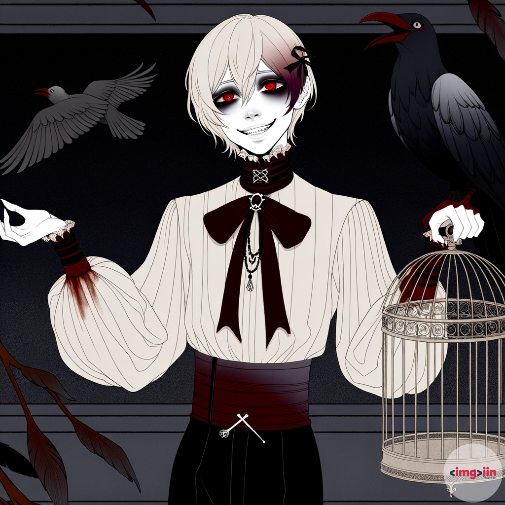realistic horror anime aesthetic, dark eclectic color palette, Art Nouveau elements, young man villain, crow on shoulder, empty birdcage on hand, bloody collared white shirt, puffy long juliet sleeves, black pants, looking at viewer, pale skin, crimson eyes, ribbon, x hair ornament, white short hair, long sidelocks, sinister, creepy smile