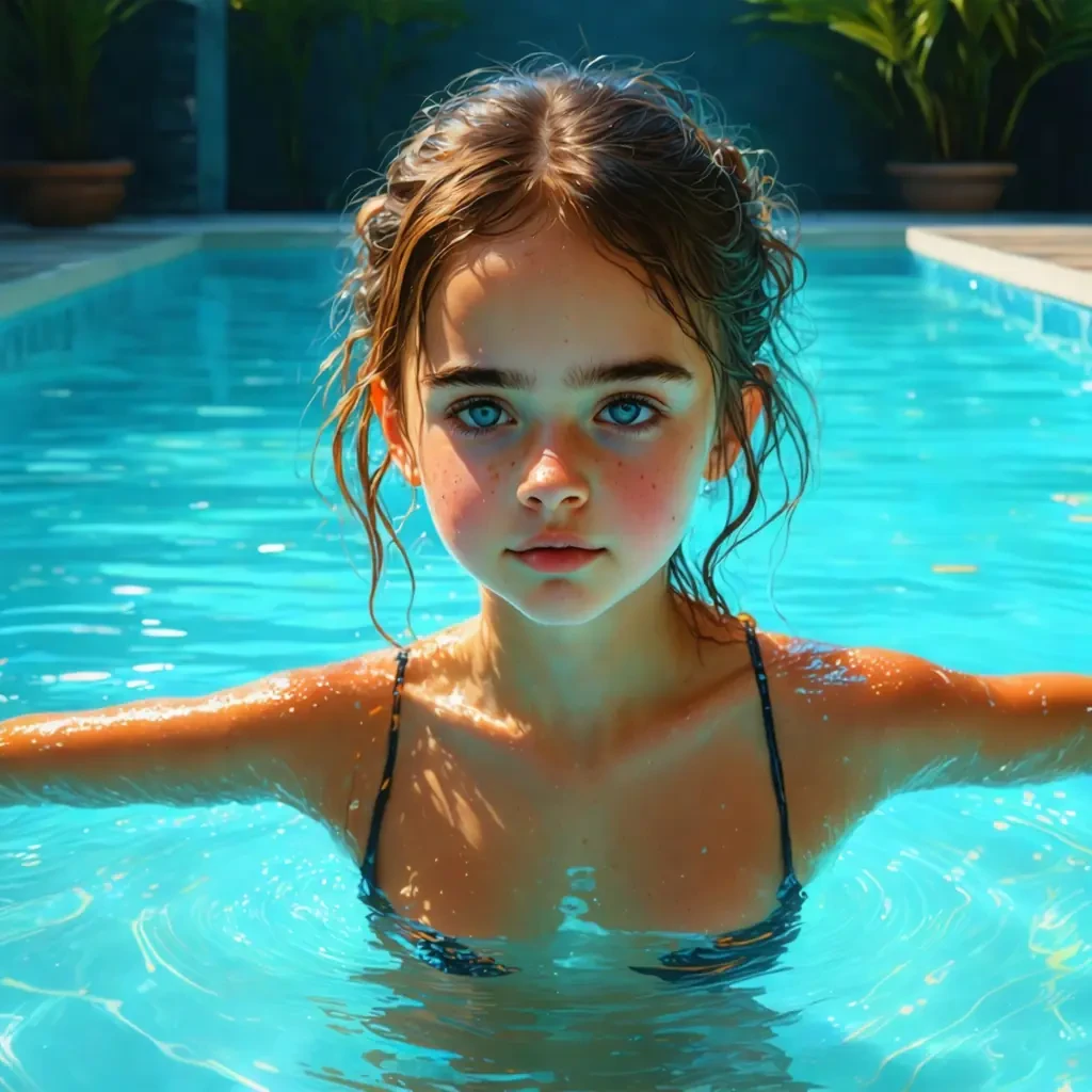 8 year old Emma Watson standing up in the pool