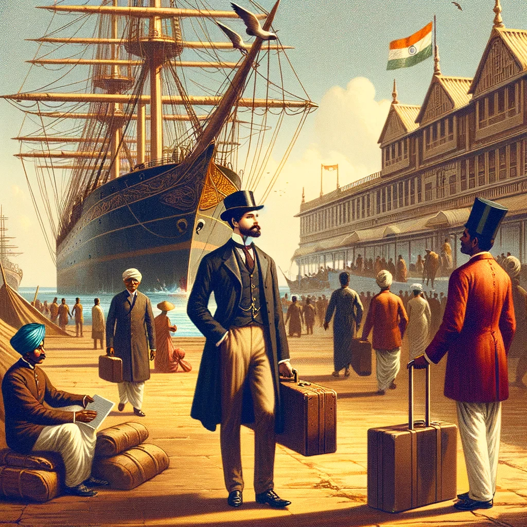 necesito un seññor europeo que esta desembarcando de un barco grande con su sirviente en la india (que sea un dia normal