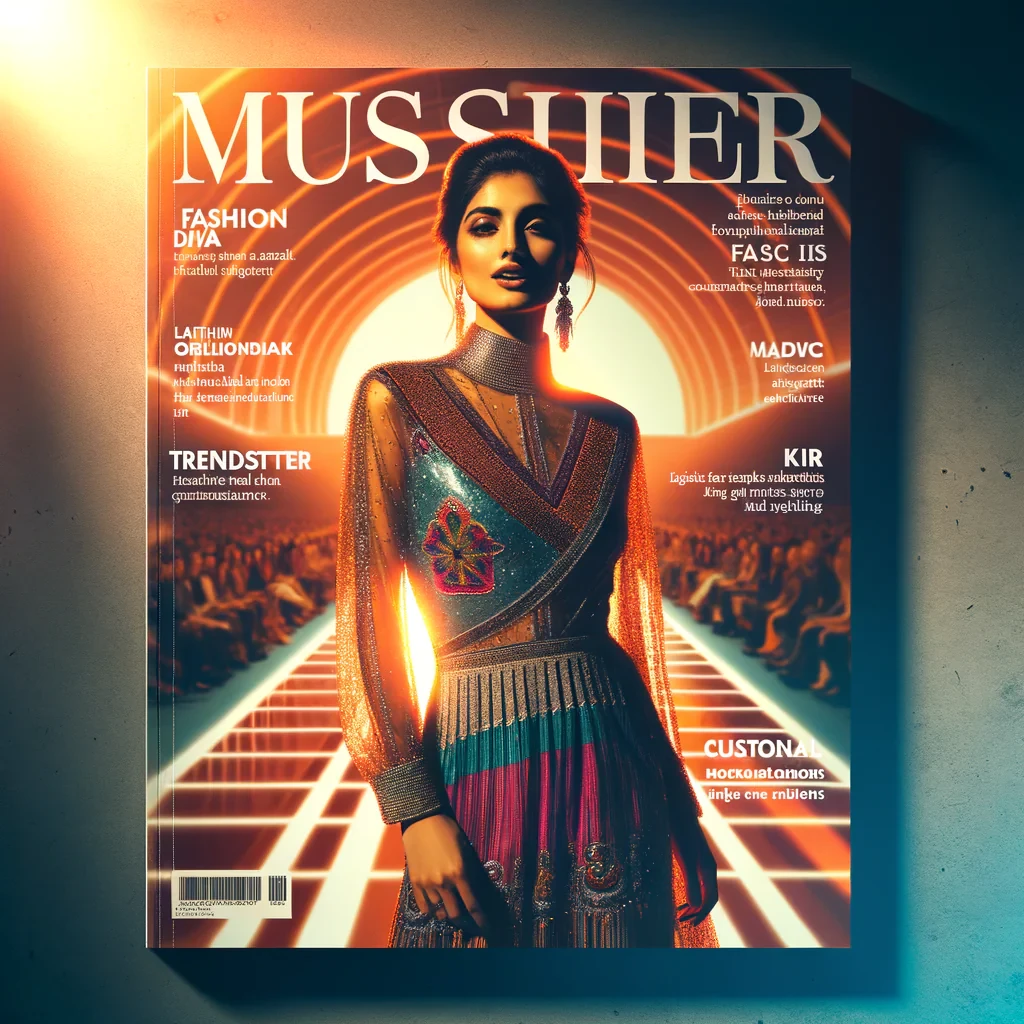 A captivating cover image from Time Magazine featuring a glamorous fashion model, who is proudly showcasing her latest fashion style through a chick dress which is a blend of both trendy and artistic. She is seductively poised front facing for the photographer. The background is a vibrant, futuristic ramp walk, with a rising sun casting warm hues over the scene. The text on the cover reads "Fashion Diva ," "Trendsetter," and "Pinay Icon," highlighting the charm and the enigma of this fashion model., photo, typography