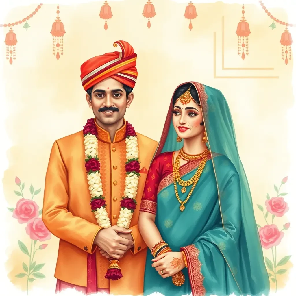 Create a vintage indian wedding scene. This art style must look like watercolored.