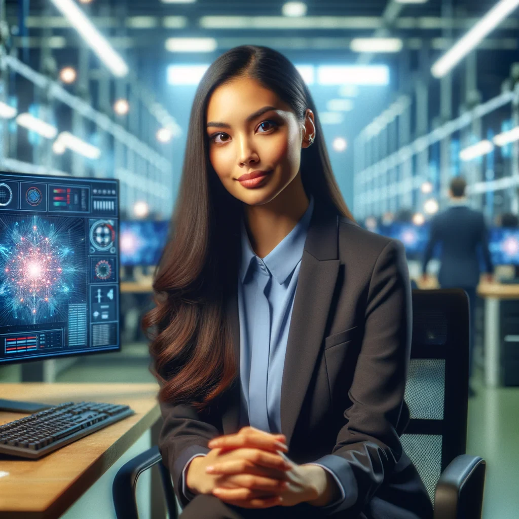 beautiful indian woman in formal uniform sitting on chair for interview in a software company. image must be realistic and highly detailed. 4k image expected.