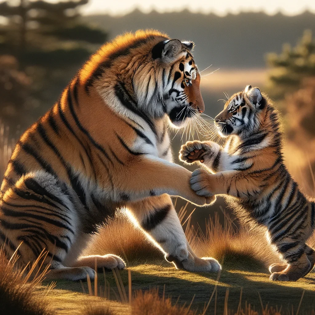 A tiger and baby fighting