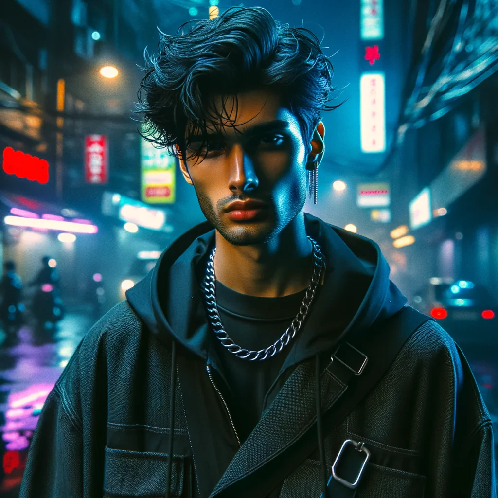 Create a 4K HD portrait of an Indian man aged 22+ wearing Korean street fashion — oversized black jacket, loose pants, and silver chain. Hairstyle is textured and trendy. Set the background on a neon-lit Mumbai street after rain, with cinematic lighting, cool tones, and realistic skin texture. Capture a mysterious, stylish urban look.