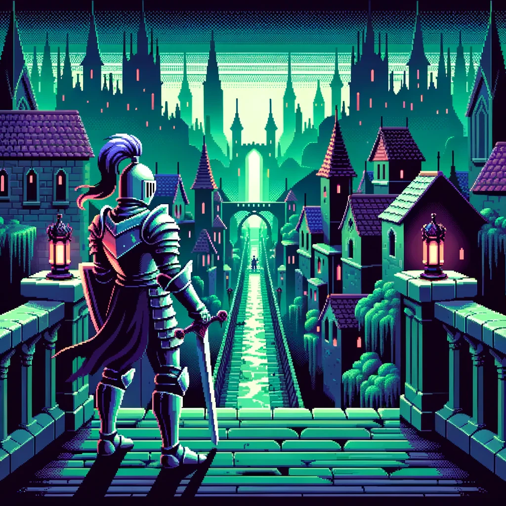 retro dark fantasy world landscape, knight looking from a bridge to an alley with castles, dark look, pixel art, vibrant green and purple, retro style, camera: top down pixel game, inspiration games: hades, Hyper Light Drifter, Ravenswatch, perspective from top, gameplay screenshot from 2d pixel game, stylized low poly graphics