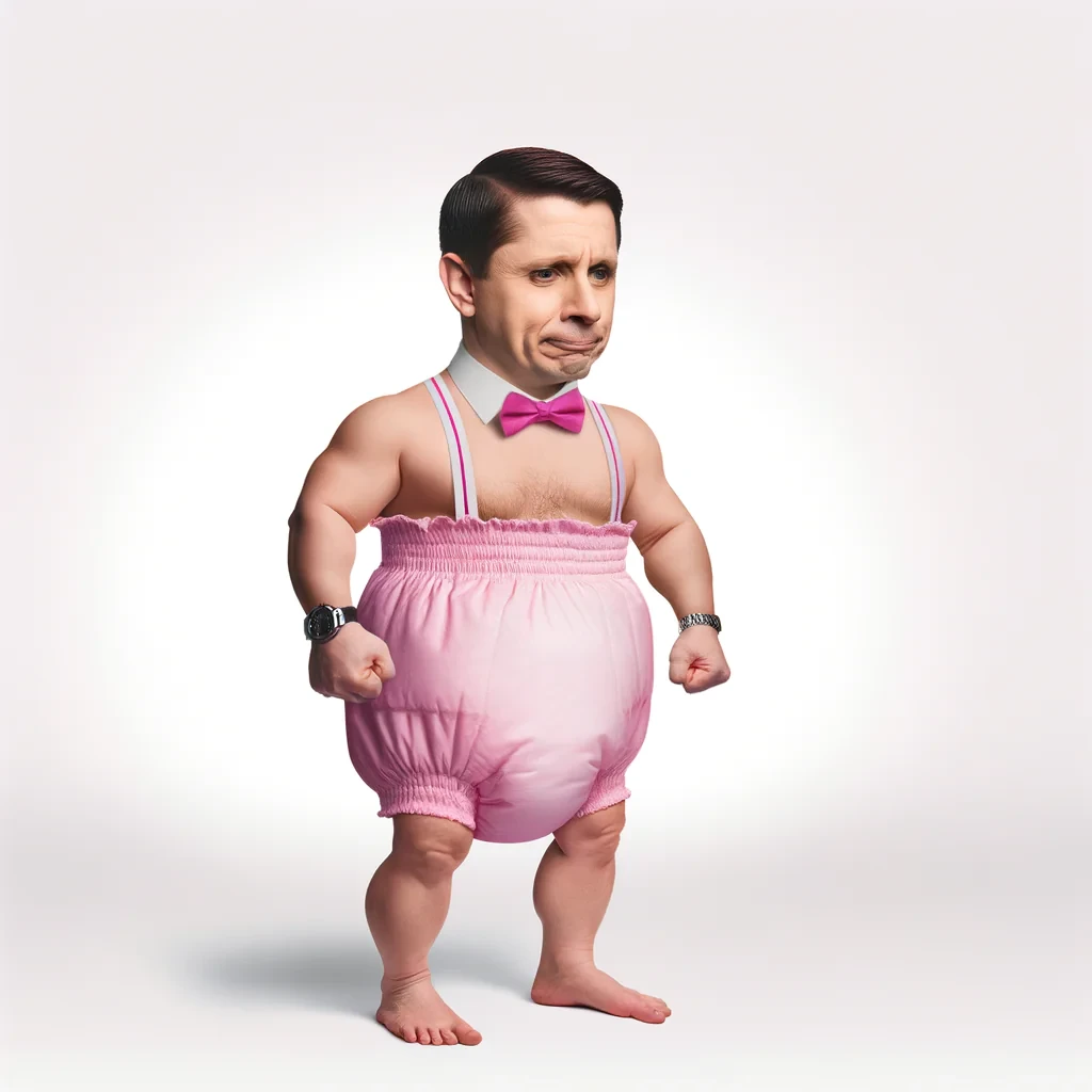 A short girly guy, wearing only a pink diaper only. Realistic image.
