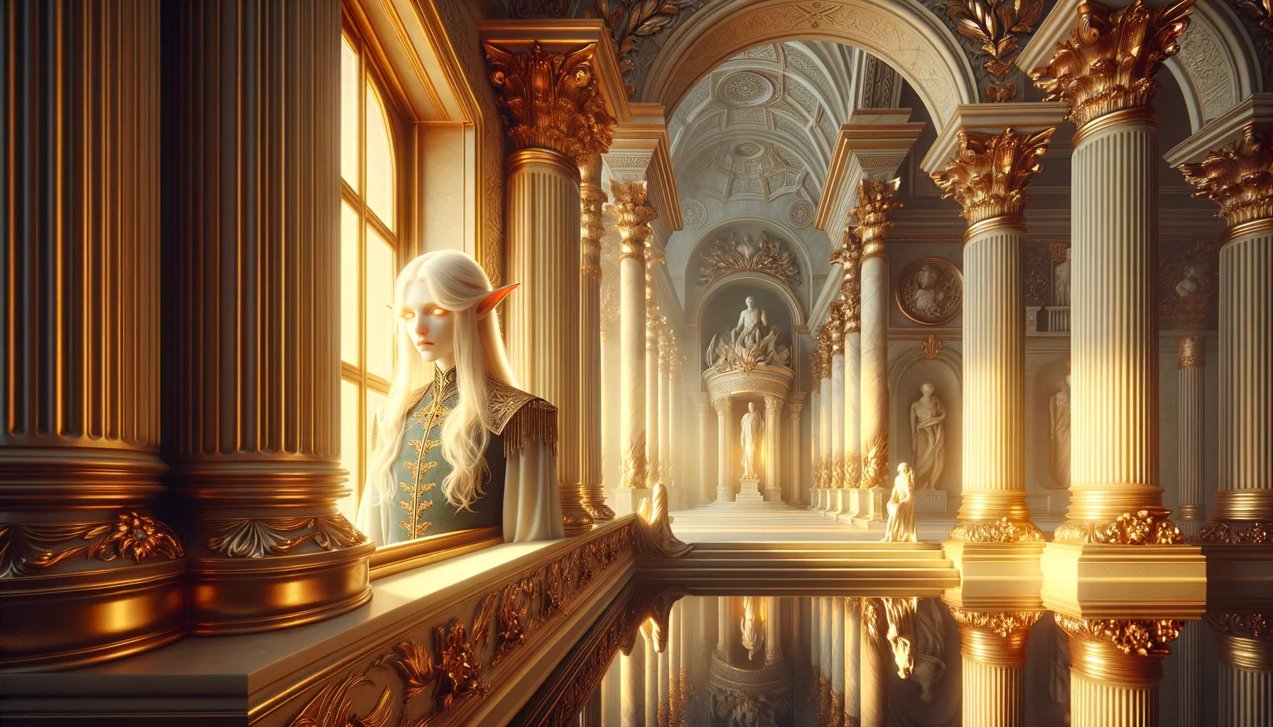 vampire elf girl in a greek royal hall behind a giant window