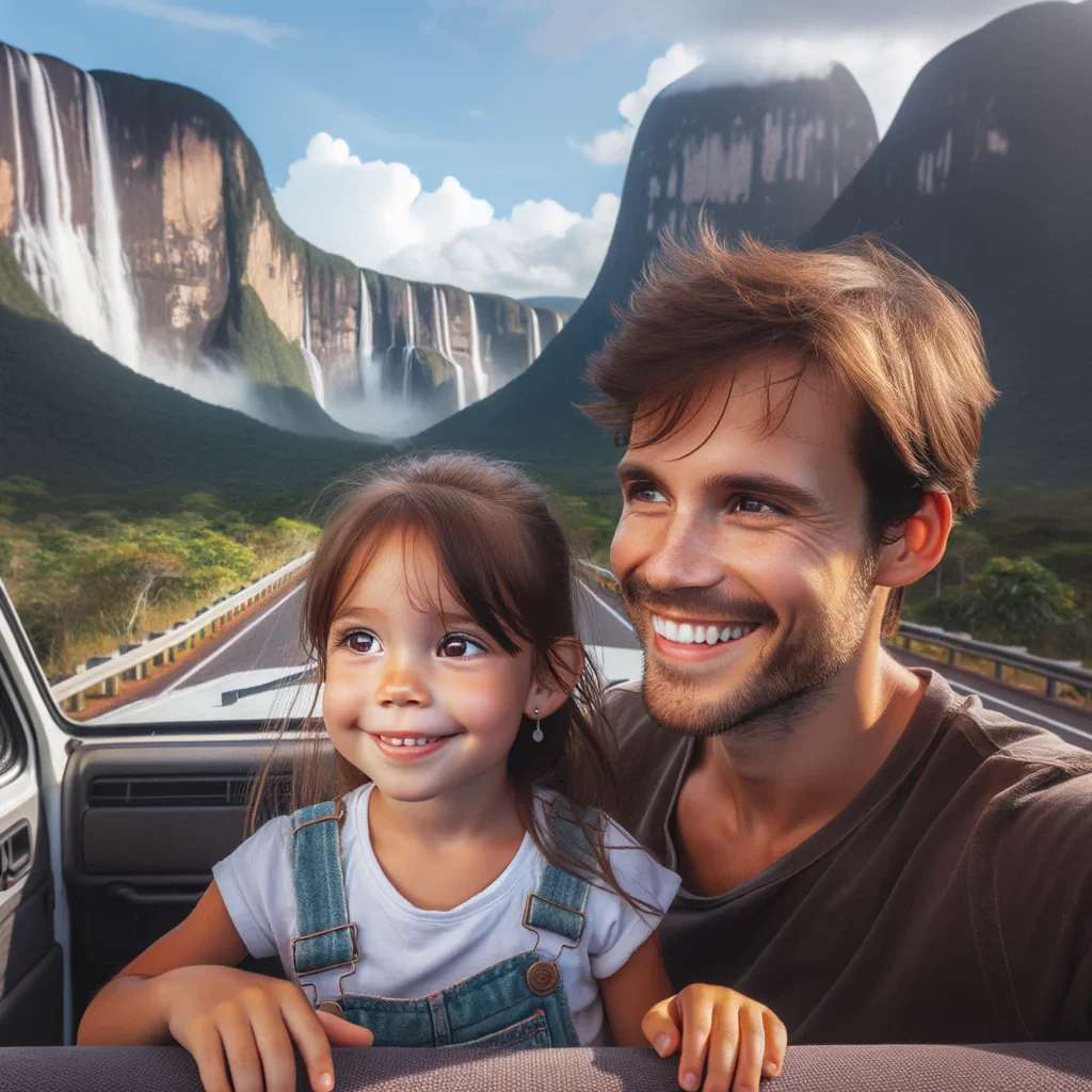 niña blanca con cabello marrón de 5 años, junto a sus jovenes padres viajando en carretera por Venezuela en una camioneta pick up 4x4, tepuys cascadas de fondo