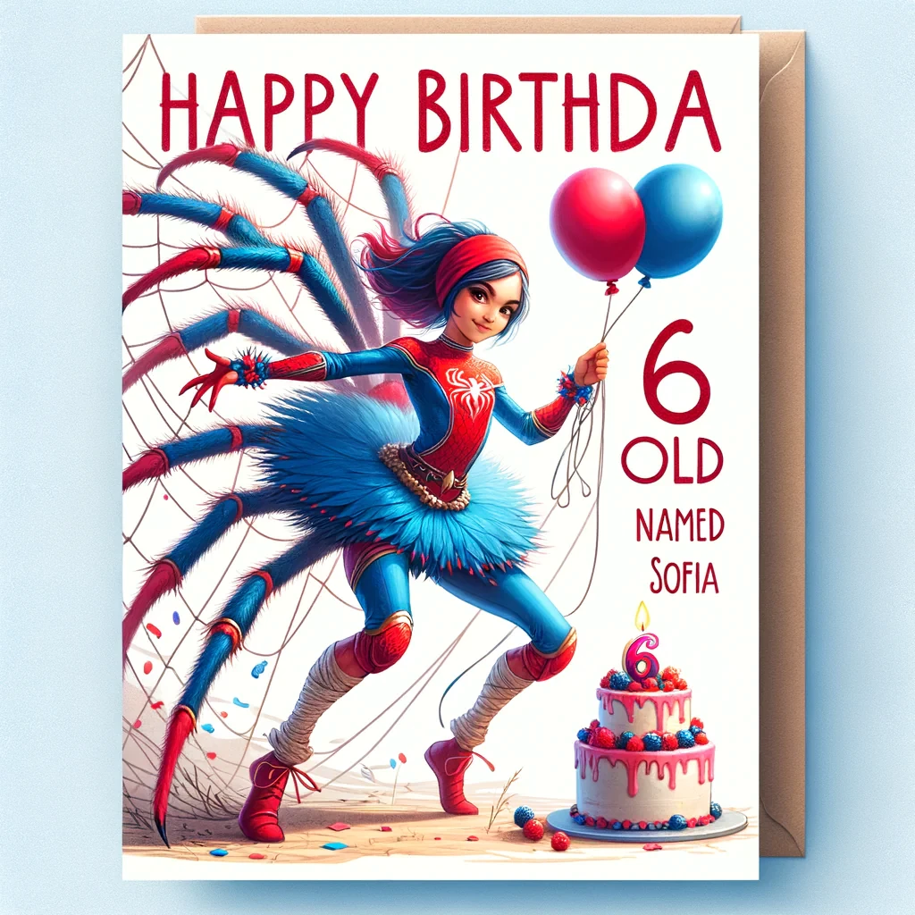 creami un biglietto di auguri per una bambina di nome sofia che compie 6 anni. nel biglietto ci deve essere il personaggio chiamato spidergost, dei palloncini ed una torta