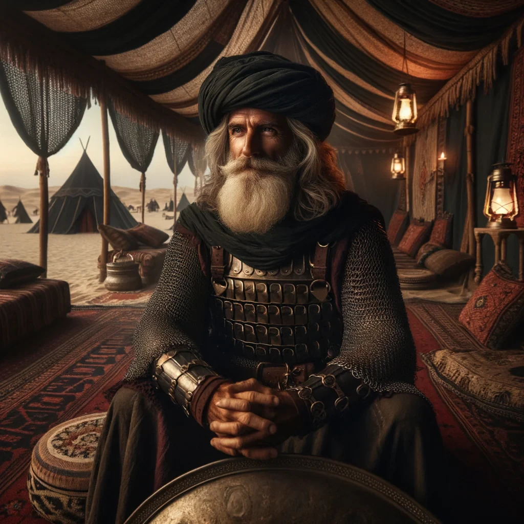 An elderly warrior man with long flowing white-gray hair and a full white beard, deeply wrinkled weathered face with sharp, wise eyes, wearing dark chainmail armor over a leather chest piece with bronze buckles, a large dark olive-green turban on his head — seated cross-legged inside a grand ancient Arabian tent. The tent interior is richly decorated with woven rugs in deep reds and golds covering the sandy floor, hanging silk drapes of dark green and black, ornate oil lanterns casting warm amber glow, cushions and bolsters of embroidered fabric surrounding him. A round iron shield rests against the tent pole beside him. His expression is calm, thoughtful, commanding — the look of a wise elder general. Soft warm candlelight illuminates his face from the side. Outside the tent opening, a vast desert camp is faintly visible with black flags and tents in the dusty dusk light.