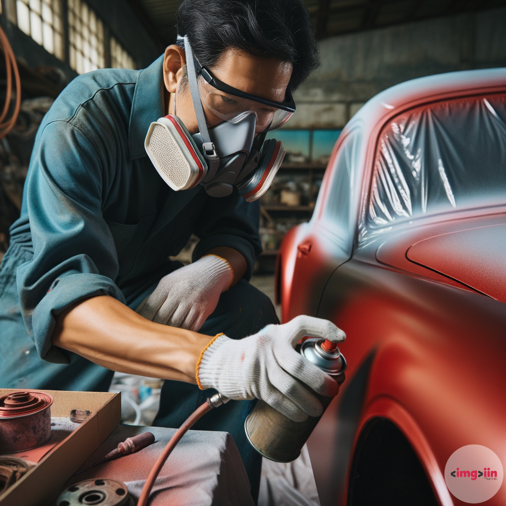 painter with protective mask painting a red car with spray cans