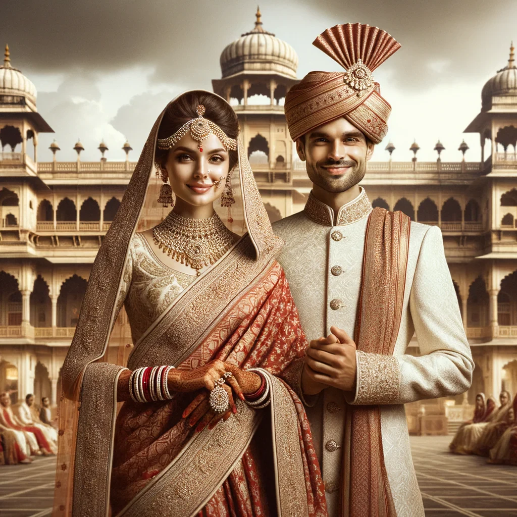 Generate a vintage-style Indian wedding image of a bride and groom standing in a grand heritage palace courtyard.