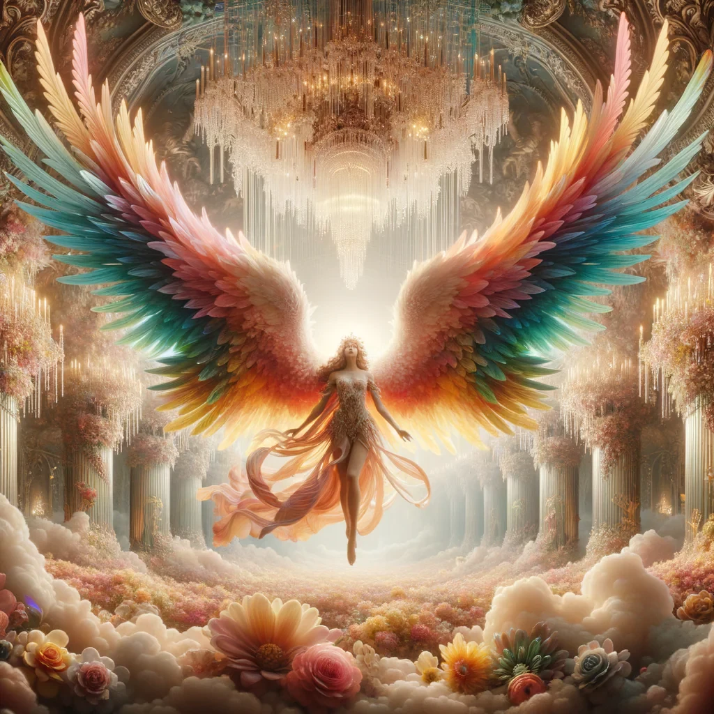 A majestic, ethereal angel with large, detailed, iridescent wings soars amidst a profusion of luminous, pastel-colored flowers and clouds, bathed in a golden, glowing light, within a grand, ornamented palace with ornate chandeliers made of crystal and gold; detailed textures, realistic lighting effects.