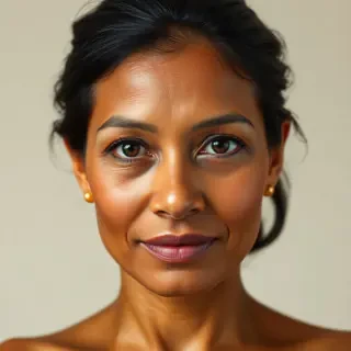 A realistic, highly detailed nude portrait of a middle-aged South Asian woman in her late 40s. Strong, symmetrical oval face with defined, soft jawline, warm golden-brown skin undertones, and realistic skin texture showing subtle weathering, fine lines around the eyes, and natural hyperpigmentation. Deep-set, expressive, almond-shaped dark brown eyes with dark, natural eyelashes and naturally sculpted, soft arched black eyebrows. Distinctive, well-proportioned straight nose with a slightly broad base. Full, naturally defined lips with a prominent cupid's bow and a muted, neutral rose-taupe tone. Deep black hair with visible individual strands and natural stray flyaways, pulled back neatly, exposing her forehead and ears. Small, simple gold stud earrings.
