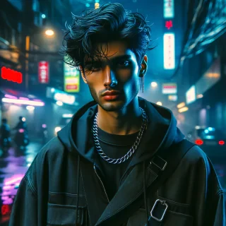 Create a 4K HD portrait of an Indian man aged 22+ wearing Korean street fashion — oversized black jacket, loose pants, and silver chain. Hairstyle is textured and trendy. Set the background on a neon-lit Mumbai street after rain, with cinematic lighting, cool tones, and realistic skin texture. Capture a mysterious, stylish urban look.